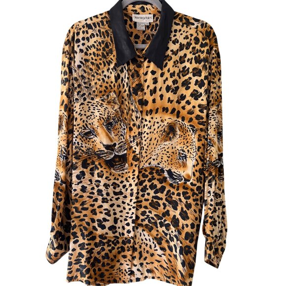 Bloomingdales Womens Silk Cheetah Print Button-Up Shirt Genuine Leather Collar - Picture 4 of 16